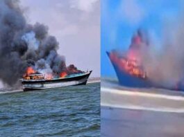 કચ્છના માંડવી બંદરનું વહાણ મધદરિયે આગમાં બળીને ખાખ, 16 ખલાસીને બચાવાયા